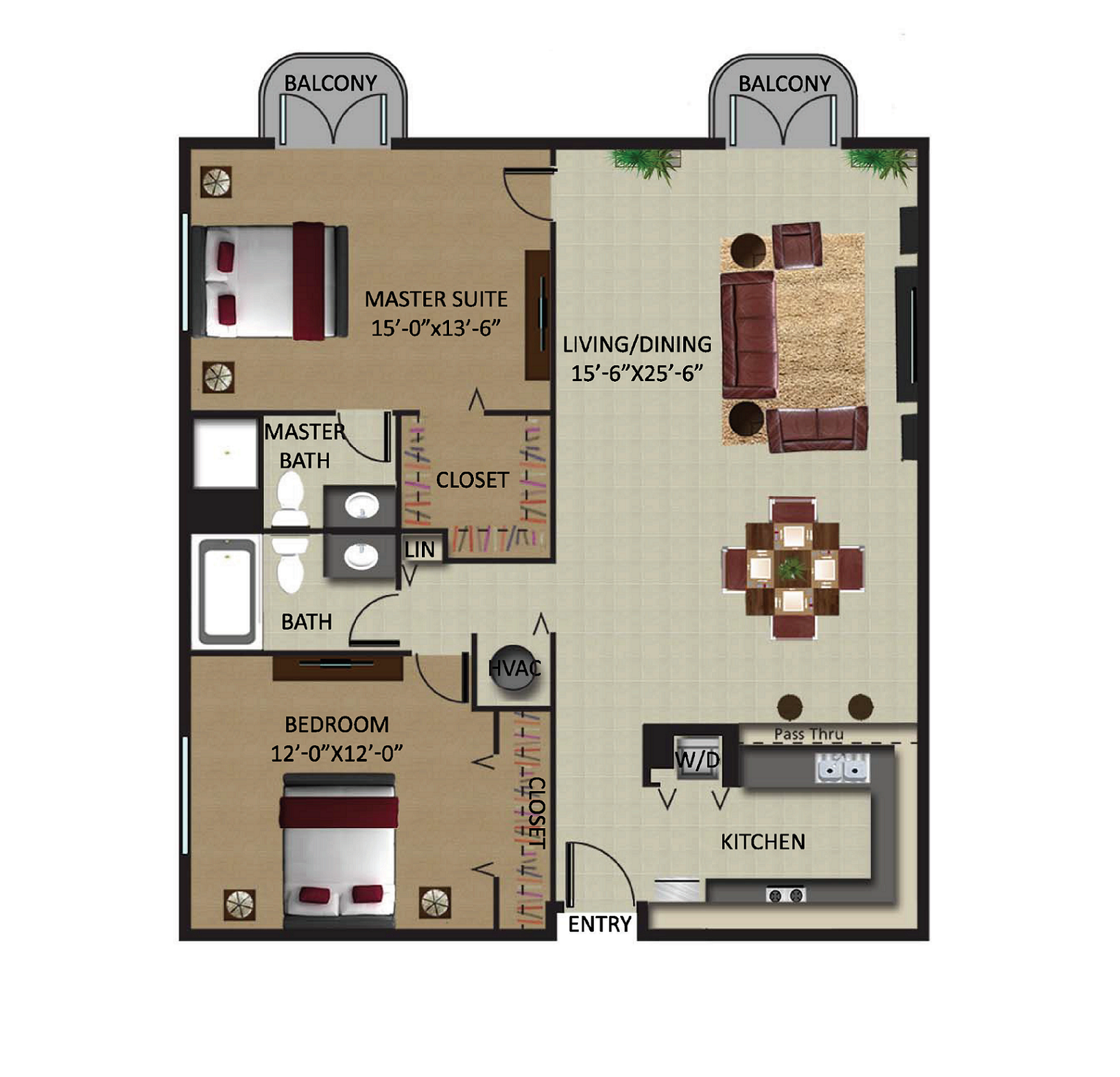 Floor plan for 2 beds, 2 baths, 1080 sqft